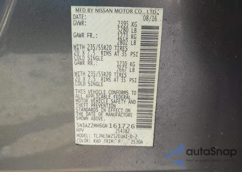 2016 Nissan Murano Platinum from USA, damaged, VIN 5N1AZ2MH6GN161726